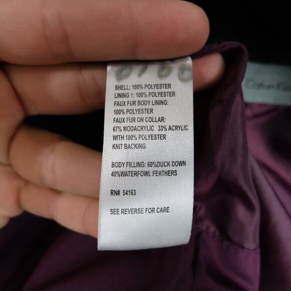 Calvin Klein Faux Fur Hooded Puffer Jacket - Plum - Size Medium - Picture 16 of 16